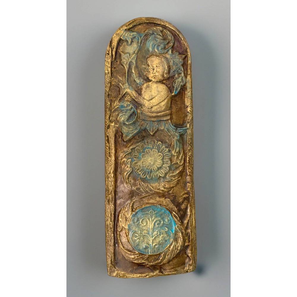 Vintage Architectural Medieval Style Plaster Wall Plaque Brown Gold Verdigris
